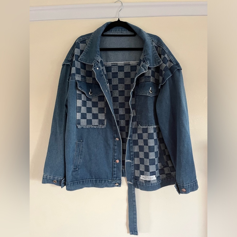Asymmetrical Denim Checkered Jacket